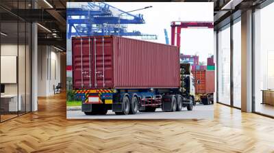 Container truck in ship port Logistics.Transportation industry in port business concept.import,export logistic industrial Transporting Land transport on Port transportation storge         Wall mural