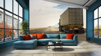 White Truck on highway road with  container, transportation concept.,import,export logistic industrial Transporting Land transport on the asphalt expressway Wall mural