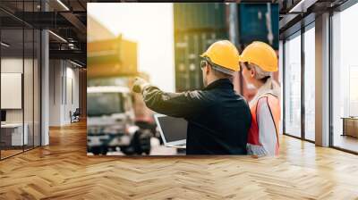 workers teamwork man and woman in safety jumpsuit workwear with yellow hardhat and use laptop check container at cargo shipping warehouse. transportation import,export logistic industrial service Wall mural