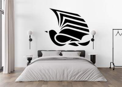 Logo illustration of a flying bird and an open book. Symbolises unlimited higher education and the freedom to achieve it. Black and white colour vector. Company logo, printing, book cover, publishing  Wall mural