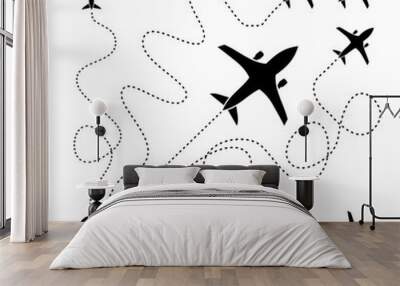 Silhouette of an aircraft route. Aircraft path. Aircraft flight journey. Illustration of a flight map. Jetliner dotted line of aircraft traffic. Transport, trail, path, track on map. White background Wall mural