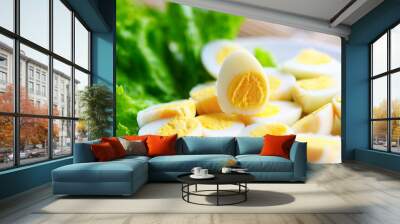 boiled eggs food, quail eggs on white plate, breakfast eggs with fresh quail eggs and vegetable lettuce on table background Wall mural