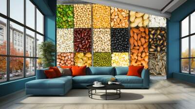 Box of different whole grains beans and legumes seeds lentils and nuts colorful snack texture background - Collage various beans mix peas agriculture of natural healthy food for cooking ingredients Wall mural