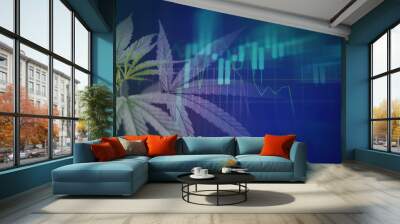 Cannabis business with marijuana leaves and stock graph charts on stock market exchange trading analysis investment, Commercial cannabis medicine money higher value finance and trade profit up trends Wall mural