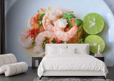 cooked shrimps prawns and seafood spicy chili sauce coriander, cooking shrimp salad lemon lime, Fresh shrimp on white plate and fresh vegetables Wall mural