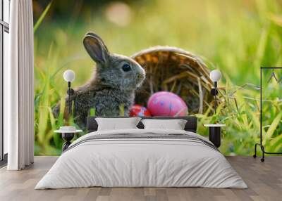 Easter bunny and Easter eggs on green grass outdoor Wall mural