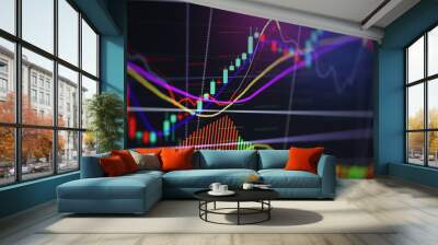 Financial business graph chart analysis stock market graph background / Stock market or forex trading graph and candlestick chart indicator for financial investment Wall mural