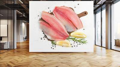 Fresh fish fillet sliced for steak or salad with herbs spices rosemary and lemon - Raw tilapia fillet fish and salt on white stone  background and ingredients for cooking food Wall mural