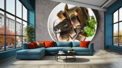 fresh raw catfish menu freshwater fish, catfish for cooking food, catfish fillet on white plate, fish chopped with ingredients coriander on dark background Wall mural