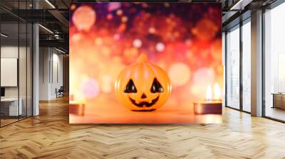 Halloween background candlelight orange decorated holidays festive concept - funny faces jack o lantern pumpkin halloween decorations for party accessories object with candle light bokeh Wall mural