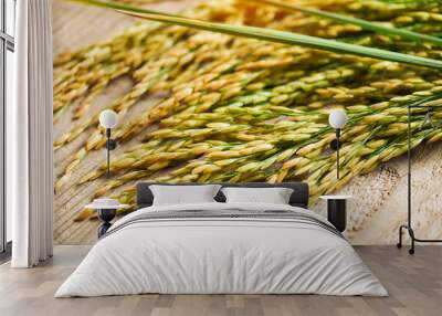 Harvested yellow rip rice paddy on wooden table, harvest rice and food grains cooking concept Wall mural