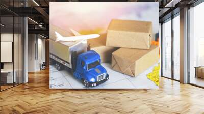 logistics transport import export shipping service Customers order things from via internet International shipping online Air courier Cargo plane boxes packaging freight forwarder to worldwid Wall mural