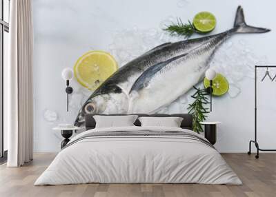 mackerel scad, Fish on ice for cooking food in the restaurant, Fresh fish raw torpedo scad with lemon, top view Wall mural