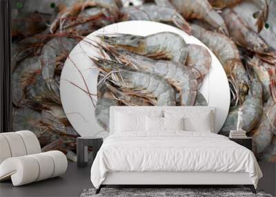 raw shrimp on white plate and shrimps background for cooking, close up fresh shrimps or prawns, seafood shelfish Wall mural