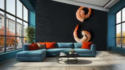 Shrimp on dark background / Seafood shellfish four shrimps prawns boiled Wall mural