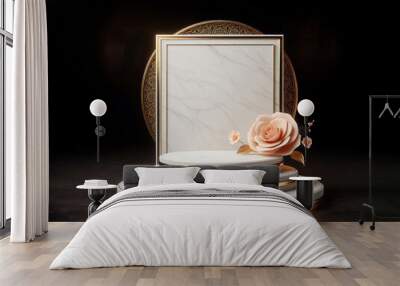 islamic white gold marble podium with arabic lantern and peach roses, ai generated Wall mural