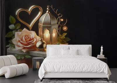 islamic white marble podium with gold arabic lantern, gold heart and peach roses, ai generated Wall mural