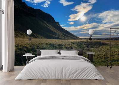 Pasture in Iceland with blue sky Wall mural