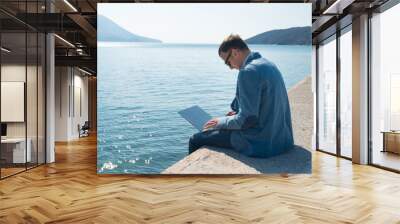 freelancer businessman working remotely on laptop while sitting on the pier Wall mural