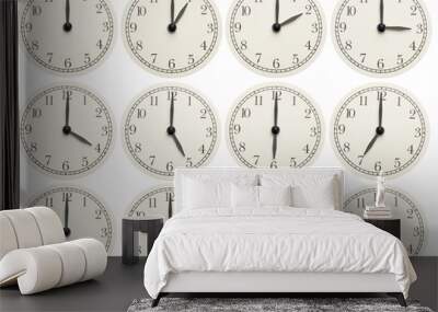 Set of office clocks showing various time isolated on white background Wall mural