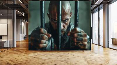 Bald, tattooed man stares intensely through jail bars, gripping them with a look of determination and aggression. Prisoner behind bars. Man who has committed a crime. Wall mural