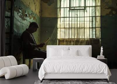 Man sits reading in a sunlit prison cell, surrounded by shadows and peeling paint. Prisoner reads a letter from his family. Wall mural