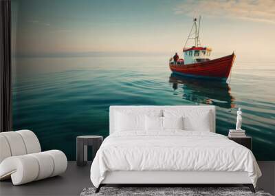 Red fishing boat on a calm sea with clear sky and visible underwater rocks. A man on a fishing boat. Wall mural