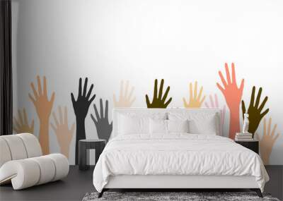 Diverse raised hands Illustration. Multiracial group hand raised, hand up, hands voting. Wall mural