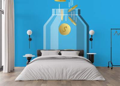 Glass money jar of golden coin. Saving dollar coin in moneybox. Business success. Vector illustration. Wall mural