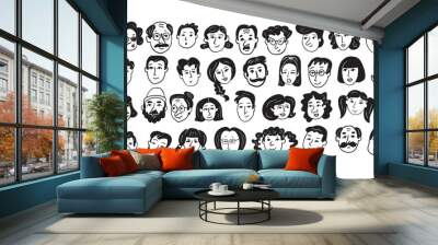 Set of people faces hand drawn in doodle style.Black lines and silhuette.Social network concept.Vector illustration. Wall mural