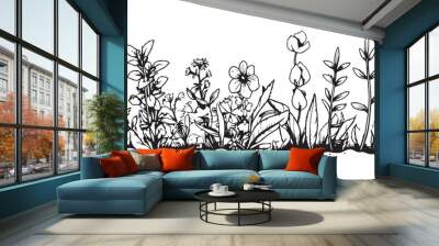 Wild flower field border hand drawn sketch in doodle style Vector illustration Wall mural