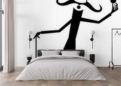 Gentleman golfer. Smiling moustached gentleman golfer in the top hat hold a golf club and a ball black on white Wall mural