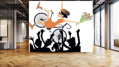 Woman winning the bicycle race. 
Cyclist woman wins a race and is tossed up at the finish by fans hands
 Wall mural