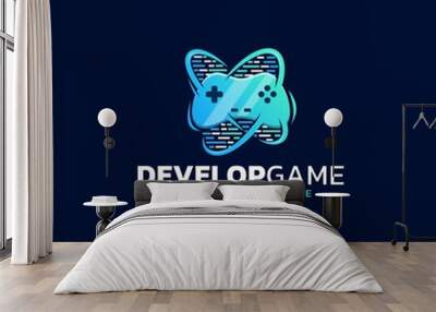 Game development logo design, joystick concept and programming code with a modern and colorful logo style, vector illustration Wall mural