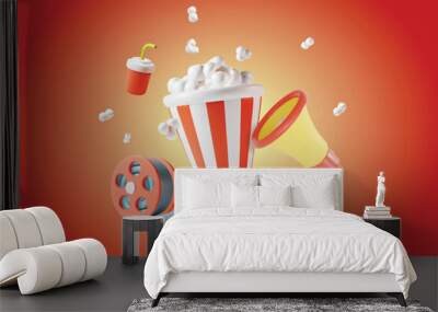 3d Cinematography Elements Set Concept Plasticine Cartoon Style on a Red Background. Vector illustration of Megaphone, Film Reel and Popcorn Bucket Wall mural