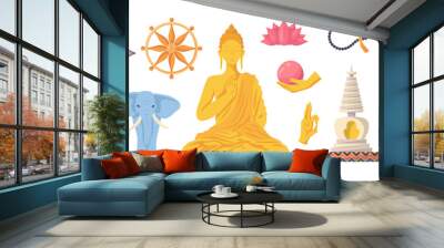 Cartoon Color Buddha Meditation Different Elements Set Concept Flat Design Style Include of Lotus, Elephant, Om Sign and Mudra. Vector illustration Wall mural