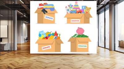 Cartoon Color Cardboard Donation Box Icon Set. Vector Wall mural