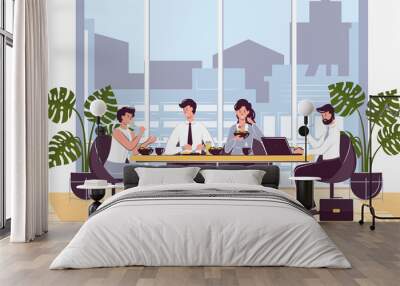 Cartoon Color Characters People and Lunch Time in Office Concept. Vector Wall mural