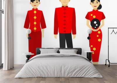 Cartoon Color Characters People Chinese Man and Woman Set. Vector Wall mural