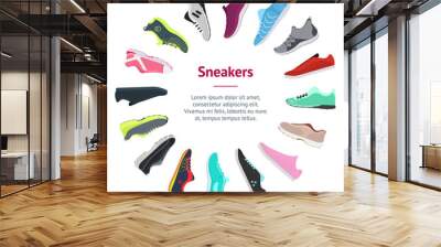 Cartoon Color Different Sneakers Shoes Banner Card Circle. Vector Wall mural