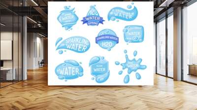 Cartoon Color Different Water Labels Badges Stickers Set Flat Design Style . Vector illustration Sparkling and Drinking Label Wall mural