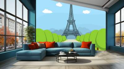 Cartoon Eiffel Tower Famous Landmark of Paris. Vector Wall mural