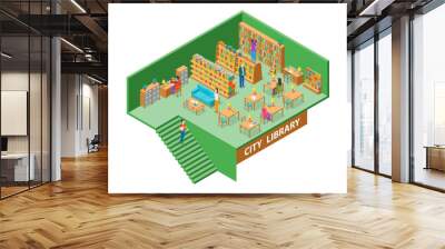 City Library Interior with Furniture Isometric View. Vector Wall mural