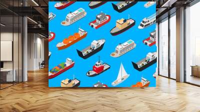 Commercial Sea Ships Signs 3d Seamless Pattern Background Isometric View. Vector Wall mural