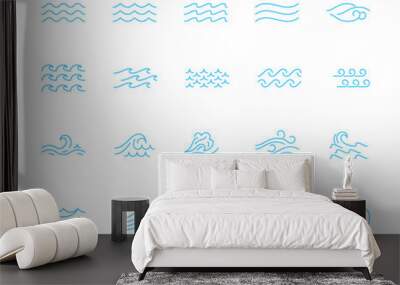 Different Types Water Wave Blue Thin Line Icon Set. Vector illustration of Sea and Ocean Surf Borders Wall mural