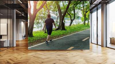 Overweight man exercising walking to burn fat out in the park. Wall mural