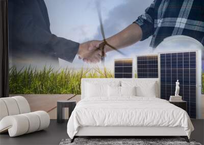 Power and energy concept of solar panels with businessman and engineer handshake agreement. Wall mural