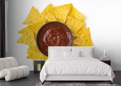 Nachos corn chips with fresh homemade salsa in dark bowl. Isolated on white background. Top view Wall mural