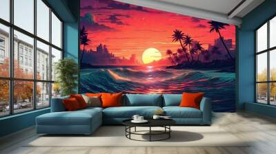 3d sunset on the beach. Retro palms sci fi background with ocean. Sun reflection in water. Futuristic landscape 1980s style. Digital landscape cyber surface. 80s party background. Generative ai Wall mural