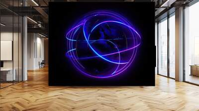 abstract geometric earth shape with neon light with glowing ultraviolet rings. Generative ai Wall mural